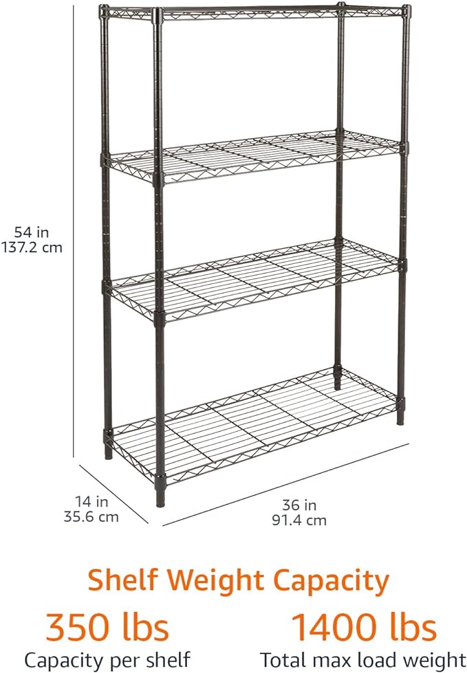 Amazon Basics 4-Shelf Adjustable Heavy Duty Steel Wire Rack Storage Shelving, Sturdy Garage Shelving, 350 lbs Capacity Per Shelf, Easy No-Tool Assembly, 36" x 14" x 54", Black - Image 3