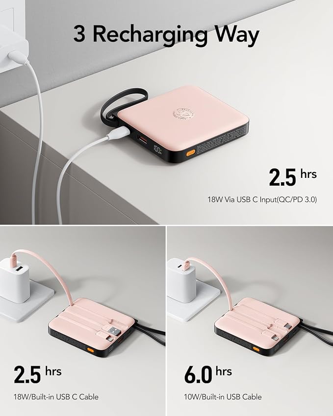 VRURC Portable Charger for iPhone Built-in Cables, 22.5W USB C Fast Charging 10000mAh Pocket Power Bank, Battery Pack for iPhone 17/16/15 & Samsung Galaxy Android Phone, Pink(1 Pack) - Image 7