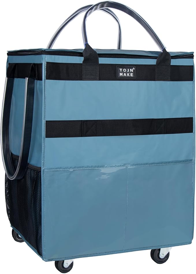 Reusable Grocery Bag On Wheels (Large, Blue) Shopping Trolley with 8 Pockets and Zipper Cover Foldable Rolling Tote, Heavy Duty Handles, Carries Up to 66 LBS by TOJNMAKE