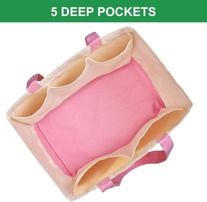 3 Pack Canvas Reusable Grocery Bags Heavy Duty, 8.3 gal Foldable Large Tote Bag with Handles, Holds 60 lbs Canvas Shopping Bags & Washable Eco-friendly Bags with 5 Pockets, Pink+Off white - Image 5