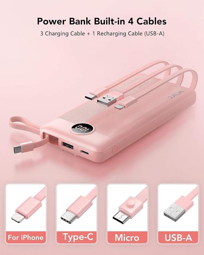 VRURC Portable Charger Power Bank, Built-in 4 Cables & 2 Ports,10000mAh Slim Battery Pack with LED Display, Travel Essential USB C Portable Phone Charger for All Cell Phones Devices-Pink(1 Pack) - Image 2