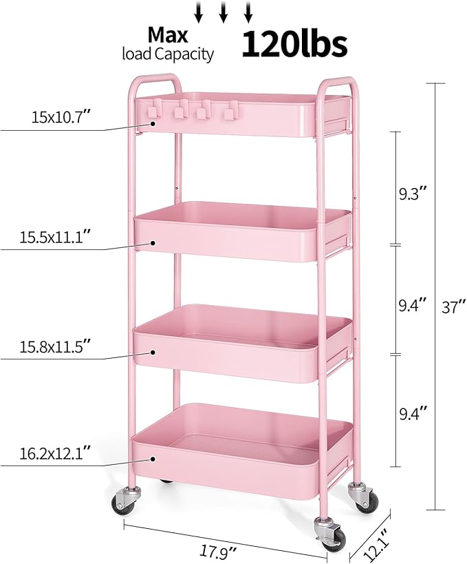 TOOLF 4 Tier Metal Rolling Cart, Utility Storage Cart with Wheels, Pink | Screwless Assembly, Lockable Metal Wheels, Trolley Organizer for Bathroom, Kitchen, Office, Dorm, Laundry, Craft Room - Image 2