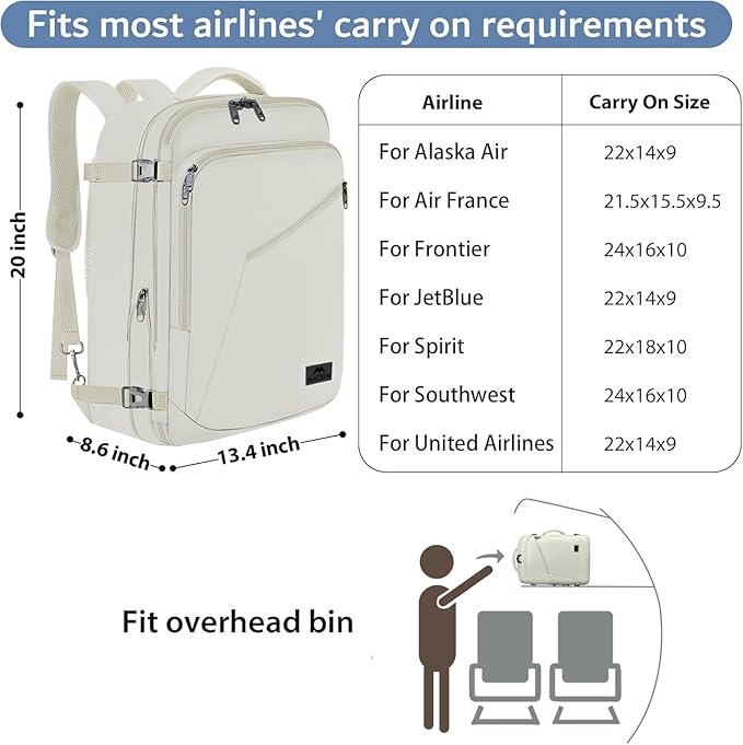 MATEIN Large Backpack for Travel Flight Approved, 45L Carry on Backpack | Expandable Daypack with Padded Shoulder Straps for Adult Men Women, Fits Overhead Bin, Lightweight, Travel Essential, Beige - Image 2