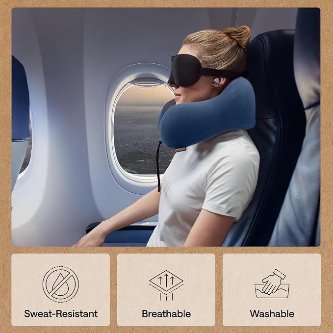 GORILLA GRIP Adjustable Travel Neck Pillow for Airplanes, CertiPUR-US® Memory Foam, Soft Velvet, Cooling Mesh Pillows, Support Headrest for Sleeping, Traveling Essentials Flight Accessories Navy Blue - Image 5