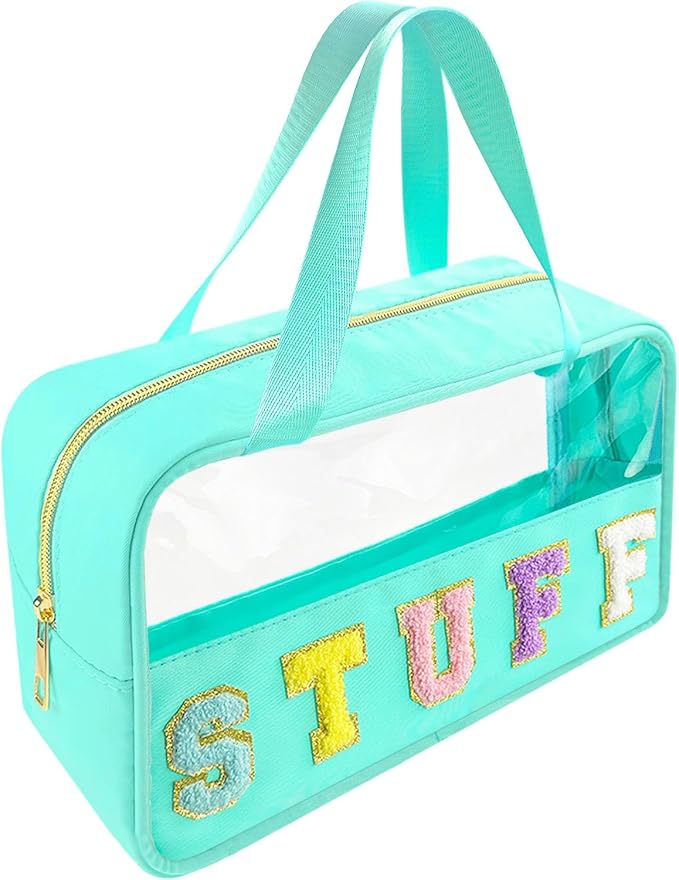 Chenille Letter Clear Makeup Bag Stuff Patch, Travel Toiletry Makeup Bag with Handle, Nylon Waterproof Makeup Bags clear cosmetic bag, preppy patch makeup bag for Women (STUFF-Mint Green) by Bunliuys