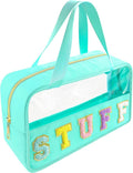 Chenille Letter Clear Makeup Bag Stuff Patch, Travel Toiletry Makeup Bag with Handle, Nylon Waterproof Makeup Bags clear cosmetic bag, preppy patch makeup bag for Women (STUFF-Mint Green) by Bunliuys