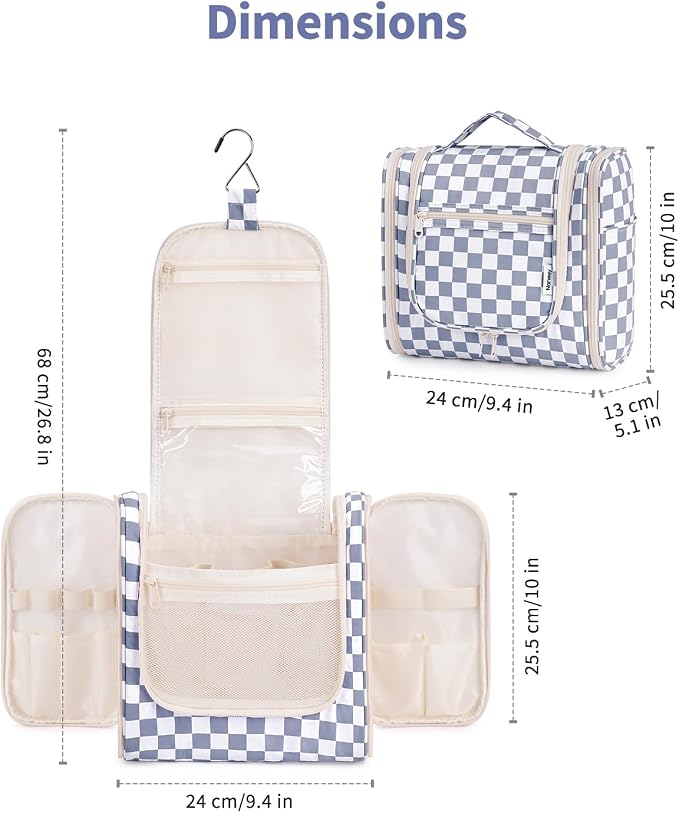 Narwey Checkered Hanging Travel Toiletry Bag for Women, Travel Bag for Toiletries, Makeup Bag Organizer Cosmetic Bags Make Up Bags for Women (Grayish Blue Checkerboard) - Image 5