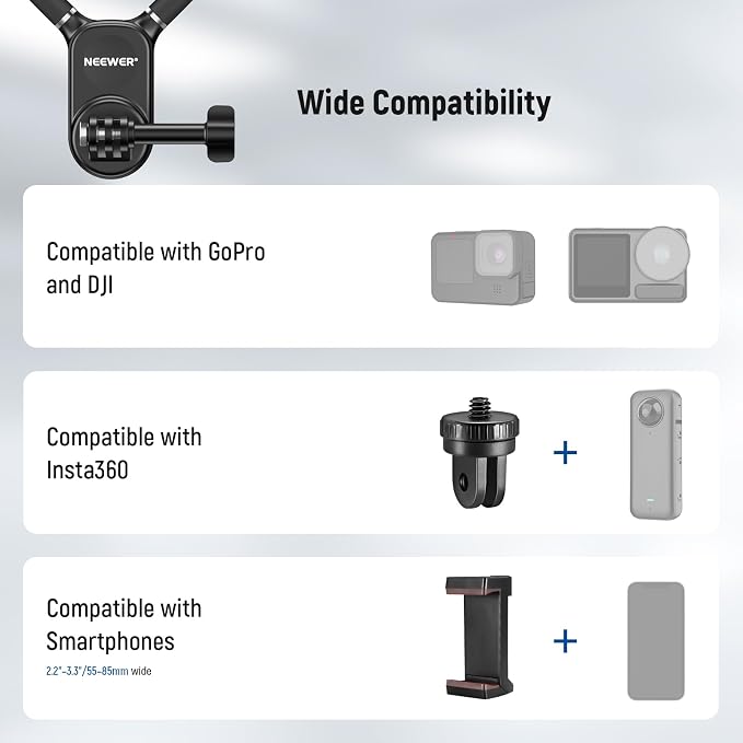 NEEWER Magnetic Neck Mount Compatible with GoPro DJI Insta360 iPhone, GP15 | Compatible with Hero 13 12 11 MAX DJI Action 4 Insta360, Quick Release, Flexible POV Action Camera Mount Adapter Phone Holder - Image 7