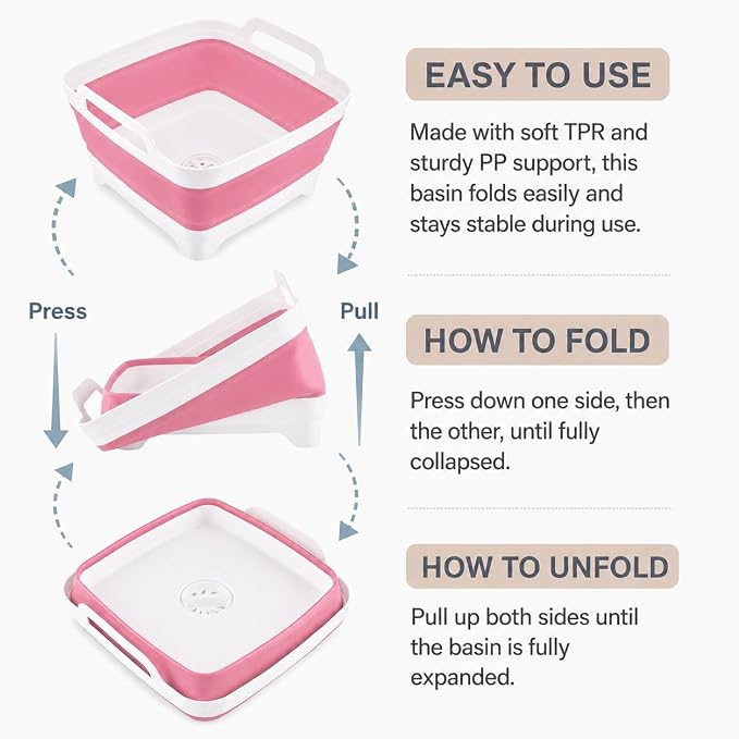 2.4 Gal(9L) Collapsible Dish Basin with Drain Plug, Space Saving Outdoor Multiuse Foldable Sink Tub, Dishpan, Kitchen Storage Tray for Camping, Vegetable Washing, RV (Pink) - Image 4