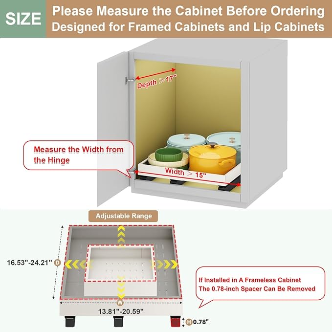 Fokyfok Pull out Cabinet Organizer,15"-21"W,17"-24"D,Expandable,Adhesive | No Drill,3 Rails,Roll out Drawers,Adjustable Slide out Shelves for Kitchen,Pantry,Framed and Framless Cabinets,White,1PC - Image 2