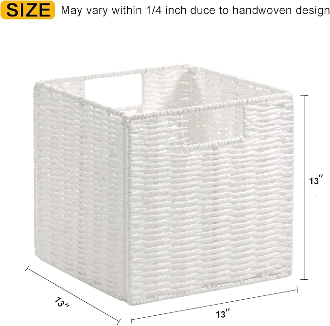 Wicker Storage Basket, Set of 2 Hand-Woven Wicker Baskets for Organizing, Foldable Cube Storage Basket Bins, 13 Inch Large Wicker Storage Baskets for Shelves & Decor, White (13''x13''x13'') - Image 3