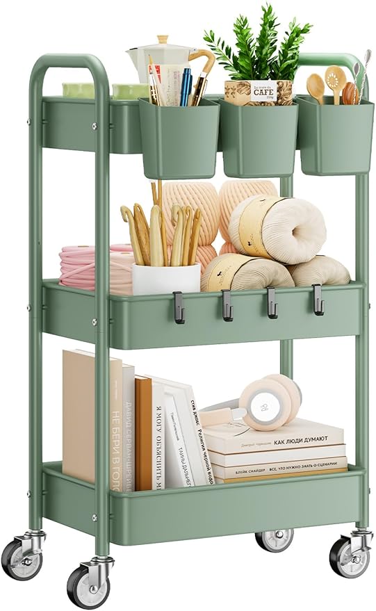 3-Tier Rolling Cart, Green, 66 Pounds Capacity, Mesh Storage Organizer with Lockable Wheels, 3 Hanging Cups, 4 Hooks, Easy Assembly, for Kitchen, Bathroom, Laundry, Grocery | Sturdy Rolling Storage Cart With Hooks & Hanging Cups, Great For Craft, Art W... by YASONIC