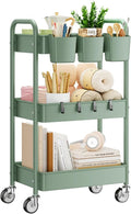 3-Tier Rolling Cart, Green, 66 Pounds Capacity, Mesh Storage Organizer with Lockable Wheels, 3 Hanging Cups, 4 Hooks, Easy Assembly, for Kitchen, Bathroom, Laundry, Grocery | Sturdy Rolling Storage Cart With Hooks & Hanging Cups, Great For Craft, Art W... by YASONIC