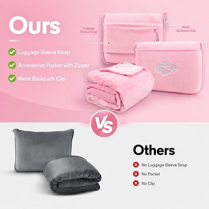 Blanket Pillow for Airplane Travel Essentials -3 In 1 Plane Travel Set Pink | Memory Foam, Compact with Bag, Fleece Soft for Long Flight Traveling Car Road Trip Flying Accessories, for Adult Women - Image 3