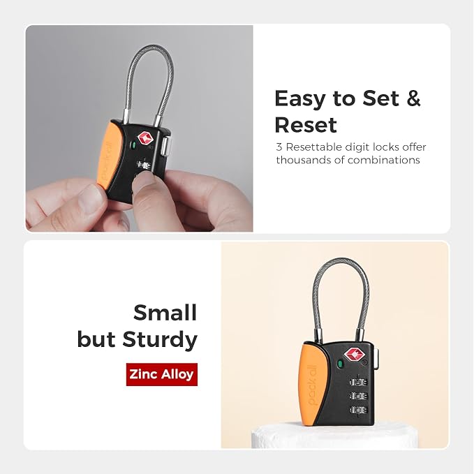 pack all TSA Approved Travel Luggage Locks, Resettable 3-Digit Code | Open Alert Indicator, Flexible Steel Cable, Zinc Alloy Body, Clear Number Dials, For Suitcase, Toolbox, Backpack, 1 Pack - Image 4