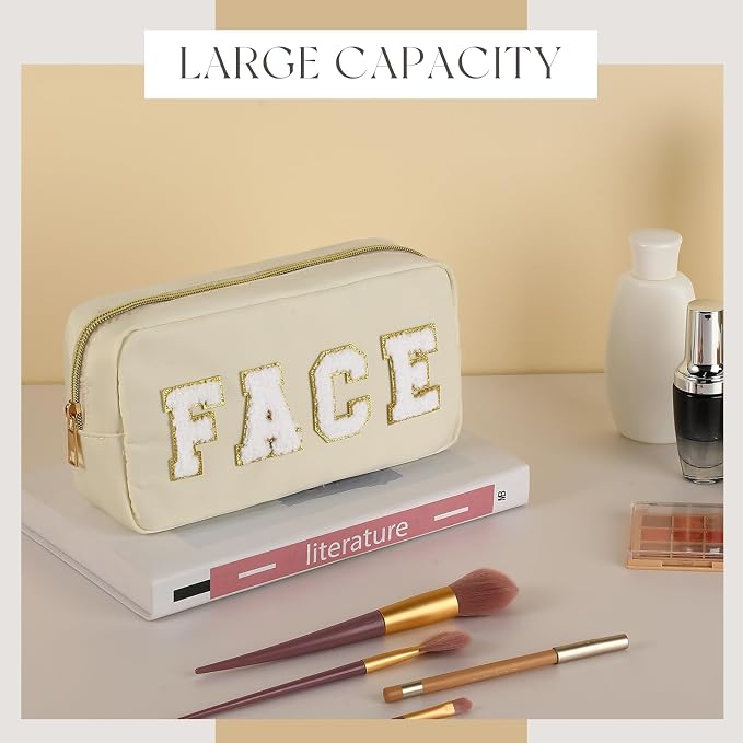 Preppy Makeup Bags Chenille Letter Stuff Bag Nylon Cosmetic Pouch Cases with Zipper for Women Travel Toiletry(Soft Color,Soft,4 Pcs) - Image 3