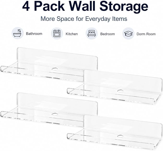 Clear Acrylic Floating Shelves, No Drill Adhesive Wall Shelves, 4 Pack | Clear Acrylic Design; 4 Pack Wall Shelves; Adhesive Mount Only; No Drill Installation; 12 lb Max Load - Image 7