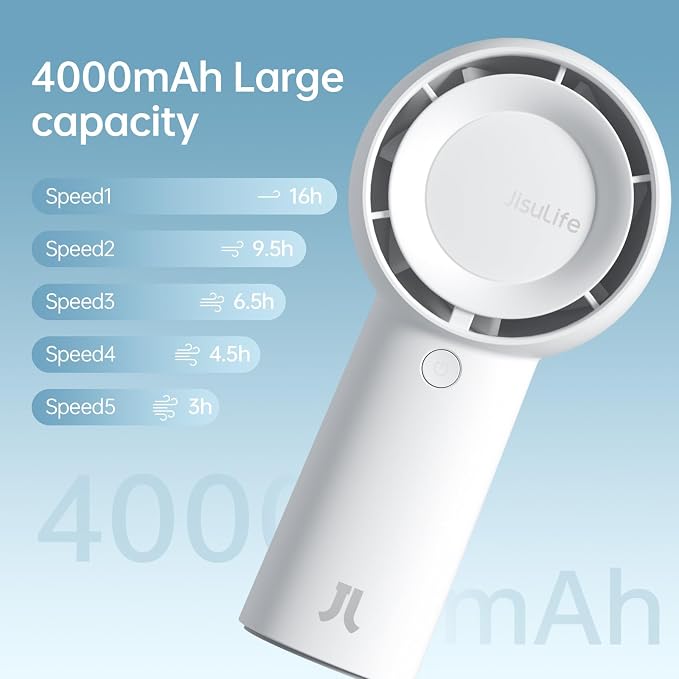 JISULIFE Portable Handheld Turbo Fan Rechargeable 4000mAh 5-Speed (White) | Up to 16H max cooling, Personal Battery Powered Pocket Fan for Travel/Outdoor/Vacation/Concerts, Birthday Gifts for Women - Image 3