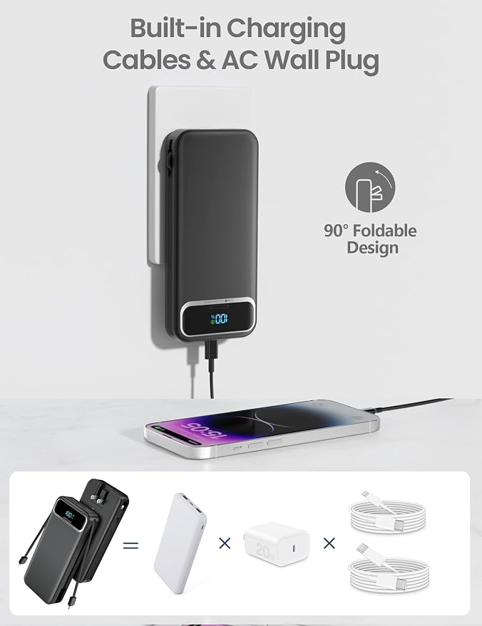 aonidi Portable Charger 12000mAh with Built-in Cables&AC Wall Plug, Black | PD20W USB C Fast Charging,LED Display External Travel Power Bank,TSA approved Battery Pack for All iPhone,Samsung,Android - Image 4