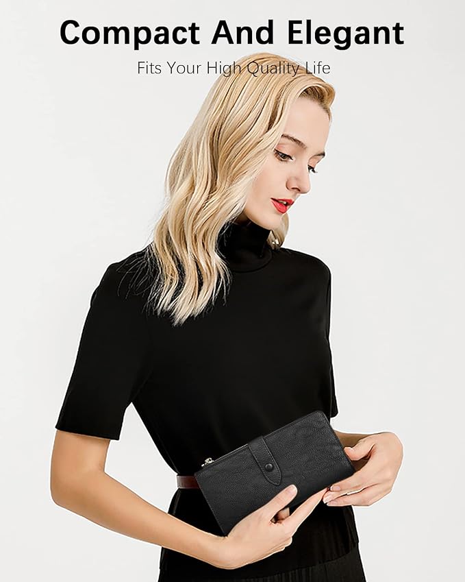 BOSTANTEN Womens Leather Wallet RFID Large Capacity Credit Card Holder | 4 ID Windows, 16 Card Slots, Zipper Coin Pocket, Clutch Wallet, Long Bifold, Ladies Gifts, Grey Black - Image 4