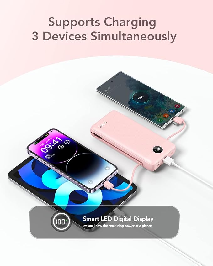 VRURC Portable Charger 20000mAh, Fast Charging Power Bank USB C,4 Output 2 Input Travel Essentials Charging Bank Equipped with LED Display,Built-in Wall Plug and Cables,Phone Charger Battery,Pink - Image 8