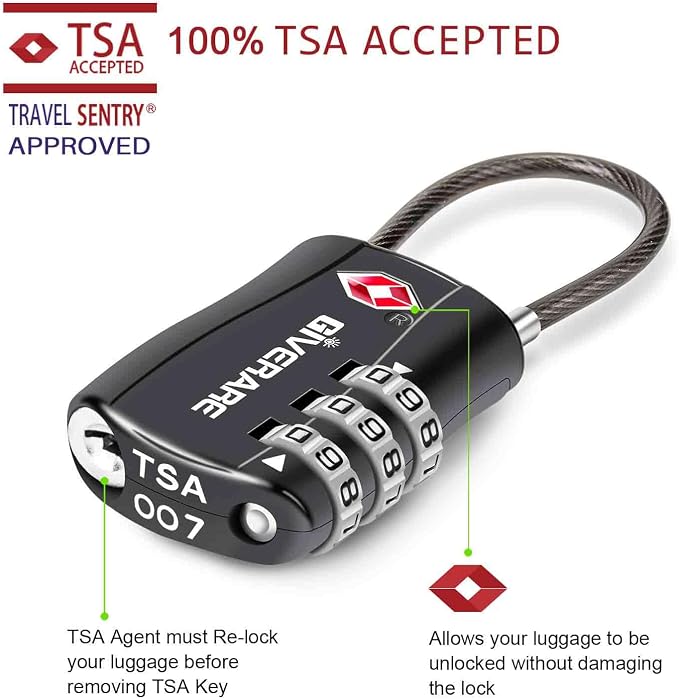GIVERARE 4 Pack TSA Approved Luggage Locks, Combination Travel Cable Lock, Re-settable 3-Digit Padlocks with Alloy Body, Keyless TSA Padlock for Gym Locker, Golf Bag Case-Black - Image 2