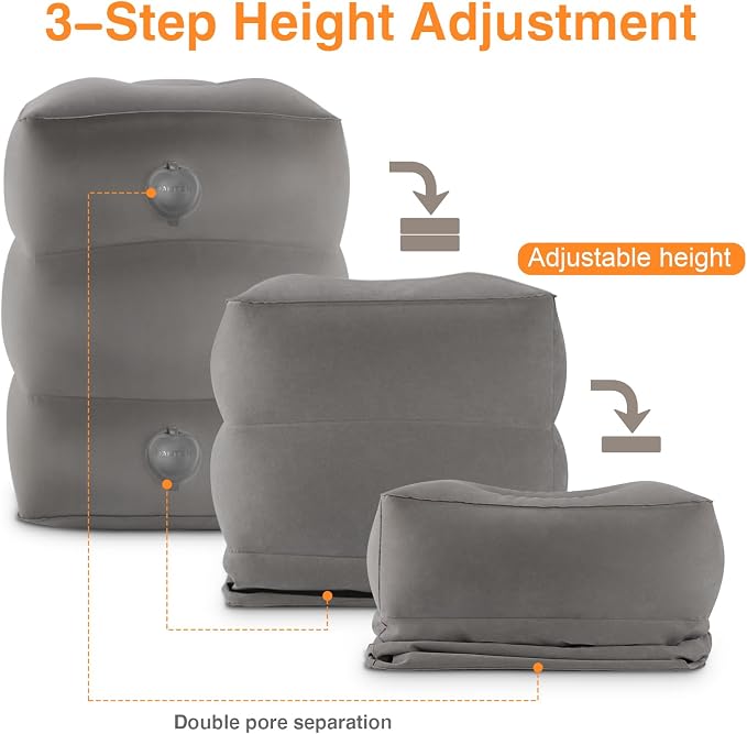 Maliton Inflatable Foot Rest Pillow for Travel,Kids Airplane Bed,Adjustable 3 Layers Height Leg Pillow of Air Travel Essentials,Car, Office, Home - Fast Inflation (Grey) - Image 7