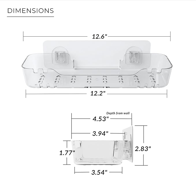 Acrylic Shower Shelf, Clear, 12.2" x 3.54" x 1.77" | Adhesive, No-Drill, Bathroom Wall Shelf, Slim Organizer, Fast Drainage for Shower & Sink Toiletries - Image 2