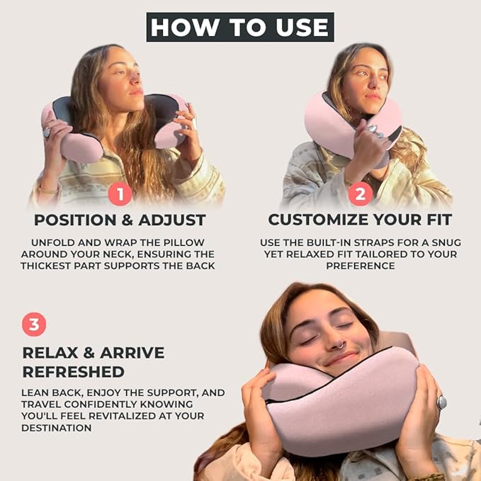 FlyHugz® Neck Travel Pillow Memory Foam Neck Pillow for Comfort on Airplane Compact and Ergonomic Design for Travel, Car Rides, and Home Use Ideal for Adults and Kids. (Pink) - Image 3