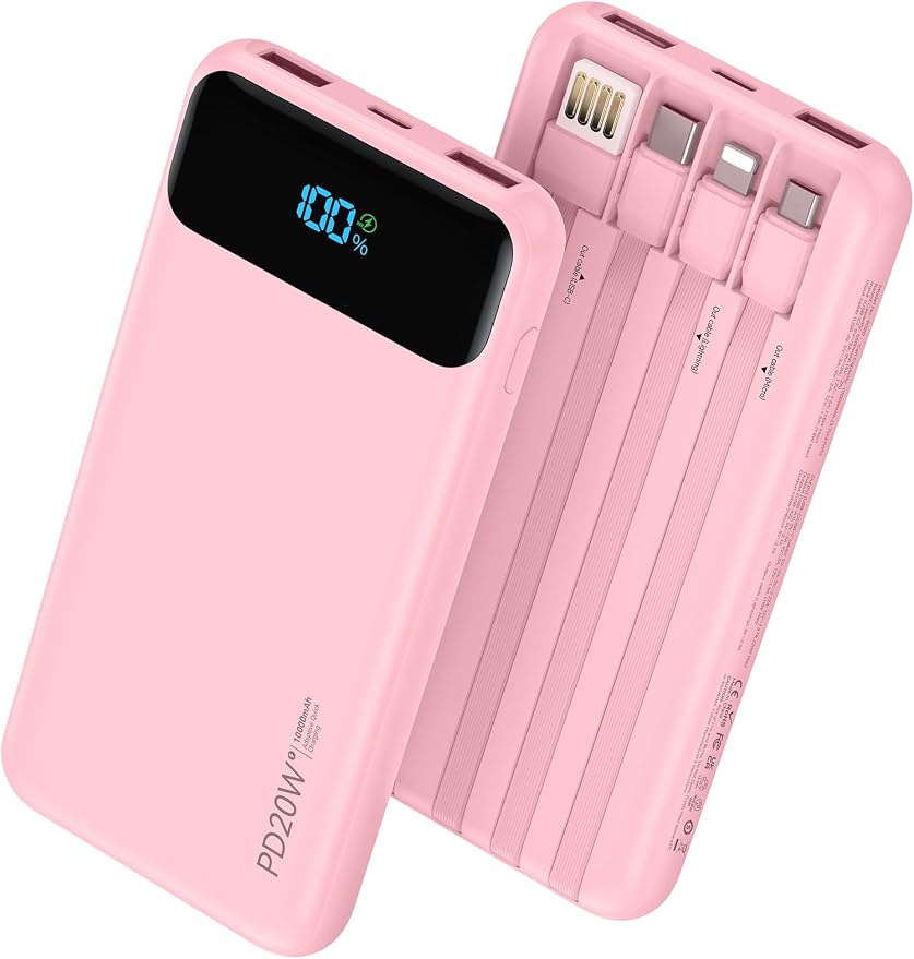 Nusyddy Portable Charger 10000mAh 22.5W w/4 Built-in Cables/6 Outputs Pink | 22.5W Fast Charging, LED Display, Pass Through Charging, Charge 6 Devices at once, TSA Approved, Fits iPhone, iPad, Samsung by NUSYDDY