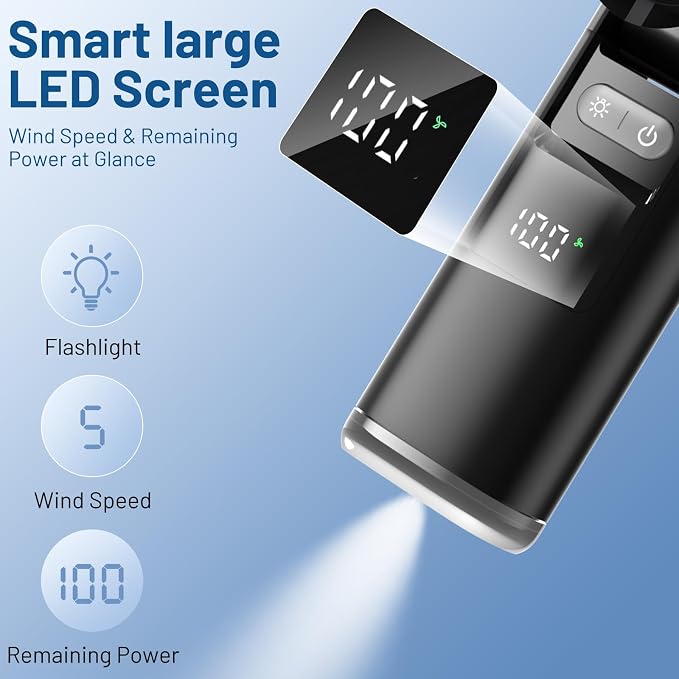 Lerat Portable Handheld Turbo Fan, 5 High-Speed Wind, Battery Operated, Up to 12H Runtime, 3 IN 1 Hand Fan with LED Display & Flashlight, Personal Cooling Fan for Travel, Outdoor, Beach Essentials - Image 5