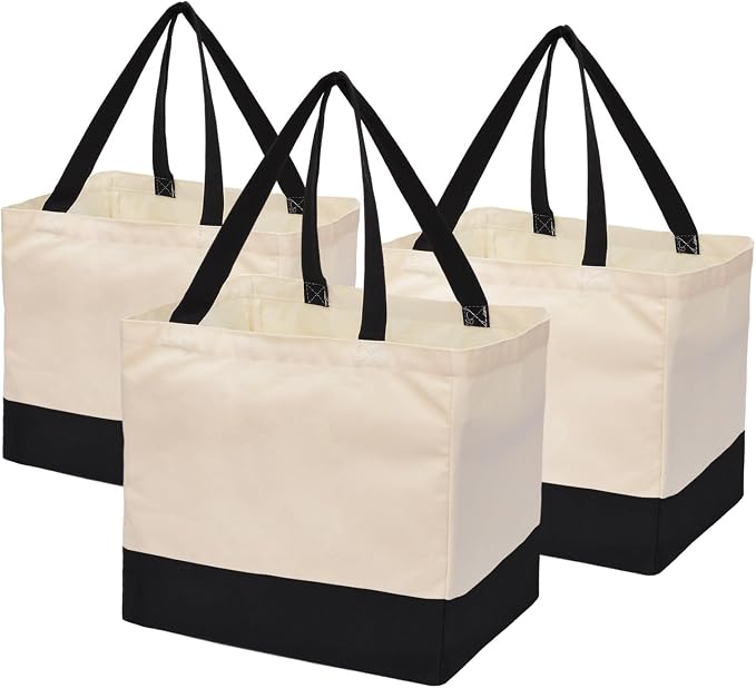Extra Large Canvas Tote Bag with Pockets, Reusable Grocery Bags Heavy Duty | 14.6 x 10.2 x 13 in Holds 60 lbs Washable Eco-friendly Tote Bags for Shopping/Picnics/Beach/Laundry, Off White+Black 3 Pack - Image 6
