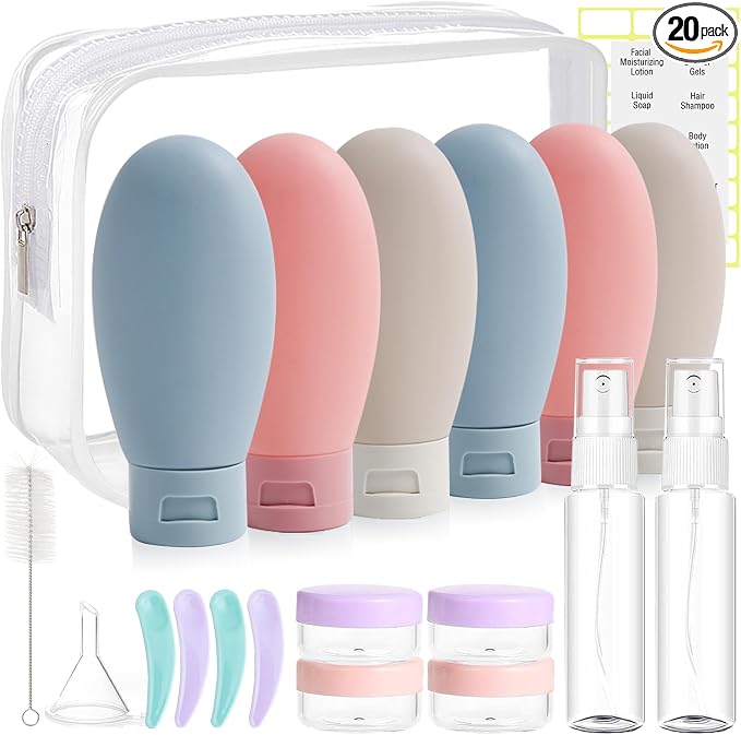 DEWSENSI 20 Pack Travel Bottles for Toiletries, Travel Size Containers Kit | TSA Approved, Leak Proof, Plastic, Refillable Travel Accessories for Shampoo Conditioner Lotion Liquids by DEWSENSI