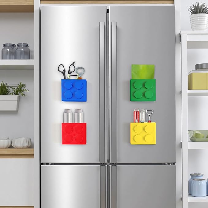 Magnetic Basket Organizer for Fridge - Lego-Style ABS Plastic Storage Box,No Drill Design for Kitchen Counter, Microwave & Whiteboard, Holds Up to 3.5 lbs (Blue) - Image 9