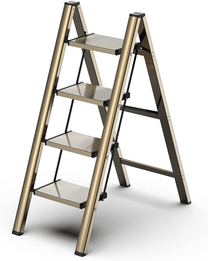 4 Step Ladder, Folding Step Stool with Anti-Slip Wide Pedal | Lightweight, Aluminum Material, 330LBS Load, Portable, Easy Storage, Space Saving, for Kitchen, Bedroom Use, Gold by GameGem