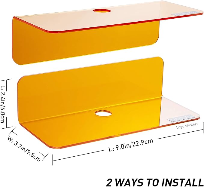 OAPRIRE Small Acrylic Floating Wall Shelves Set of 2, Flexible Use of Wall Space, 9 Inch Adhesive Display Shelf for Security Cameras/Smart Speaker/Action Figures, with Cable Clips - Clear Orange | Strong Tape Adhesive Wall Shelf, Easy Installation, Hol... - Image 3