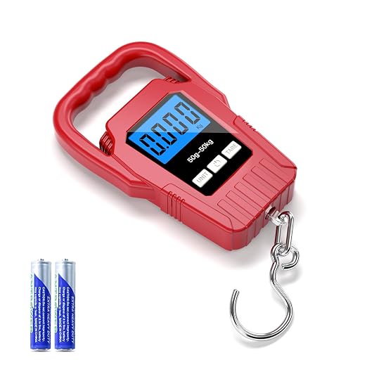 Digital Fish Scale Hanging Scale Fishing Scale,110lb/50kg Luggage Scale,Upgrade Large Handle & Backlit LCD Display, Electronic Balance Digital Fishing Postal Scale, Red, Fishing Gifts for Men by SKEAP