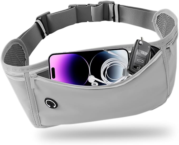 Slim Running Belt for Women Men, Runners Fanny Pack Phone Holder, Money Belt, Running Gear Accessories, with 3 Pockets, Light Gray by Unknown