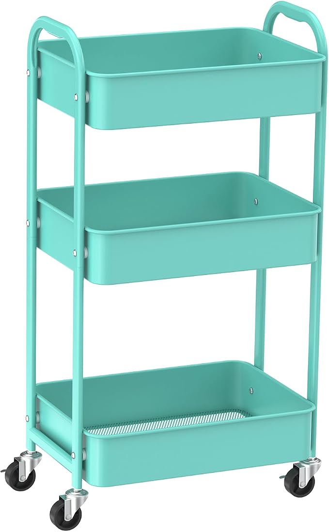 MAX Houser 3-Tier Rolling Utility Cart with Caster Wheels,Easy Assembly, for Kitchen, Bathroom (Turquoise) | Easy Assembly, multi-purpose storage trolley for kitchen, rolling cart with smooth caster wheels for bathroom by MAXHouser