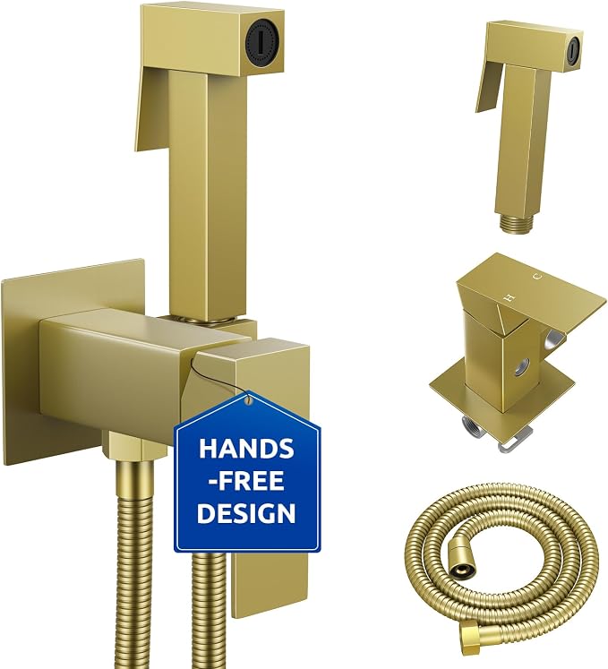 Arofa Built-in Hot and Cold Bidet Sprayer, Hands-Free Control, Brushed Gold | Wall-Mounted Design, Dual Control Modes, Leak-Free Hose, Feminine/Baby/Pet Wash, Cloth Clean & Rinse, Stainless Steel, Square by AROFA