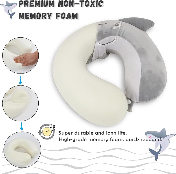 Travel Pillow, Kids Travel Pillow with Sleep Eye Mask Soft Memory Foam Kids Neck Pillow for Boys & Girls, Travel Accessories for Car Airplane Traveling - Shark - Image 3