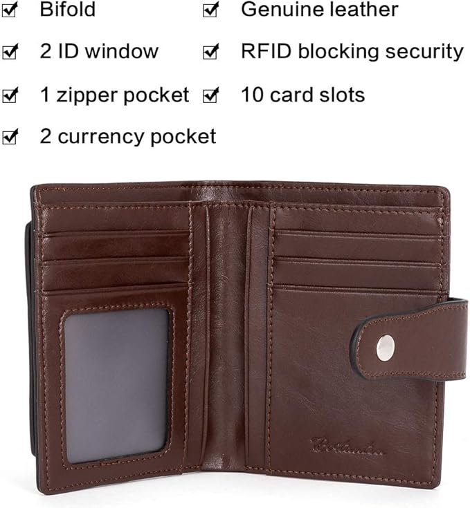 BOSTANTEN Leather Womens Wallet Small RFID Blocking Credit Card Holder | Removable ID Window, Zipper Coin Pocket, Bifold, Minimalist, Fits Small Purses, Daily Use, Ladies Gifts, Coffee - Image 5