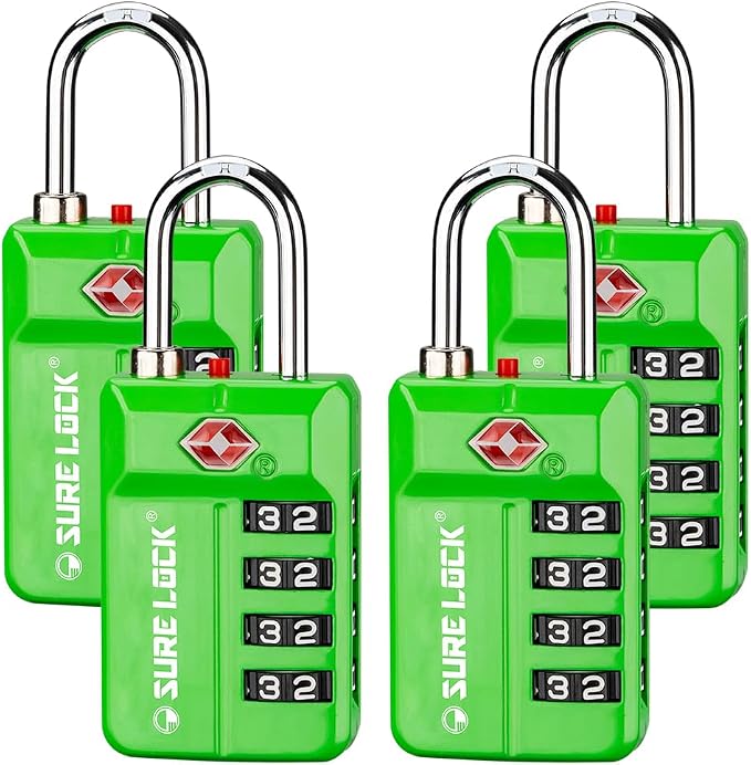 SURE LOCK TSA Approved 4-Digit Resettable Combination Luggage Locks with Open Alert, Easy-Read Dials - for Luggage, School Lockers, Gym, Office, Toolbox & Security Cases(Green 4 Pack) by Hopeyoucanstaysafe