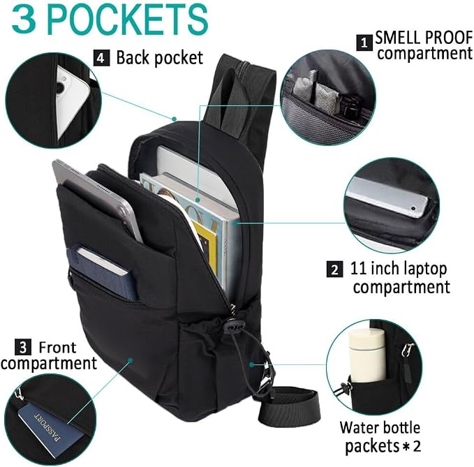 Carbon Lined Backpack,Waterproof Zipper Sling Backpack,Travel Chest Shoulder Bag,Lightweight Unisex Crossbody Casual Daypack for Men & Women (Black) - Image 5