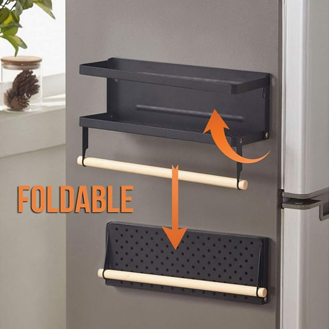 Jolitac Magnetic Fridge Spice Rack- Space Saving Organizer Black Shelf on Refrigerator, Kitchen Paper Towel Holder, Foldable Design (Black-Small) - Image 5