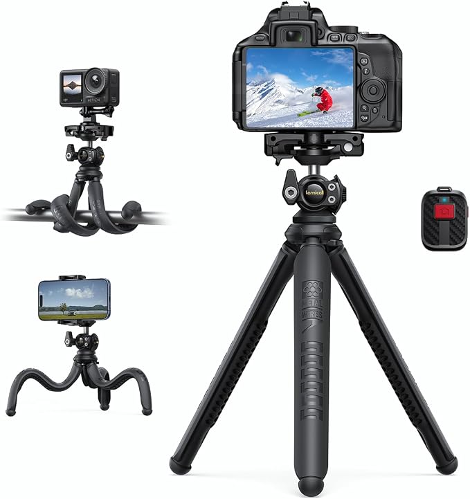 Lamicall Tripod for Camera with Wireless Remote 8-Strand Aluminum Core | Flexible Silicone Legs, Heavy-Duty Phone Stand with 1/4'' Screw & Cold Shoe for iPhone Pocket 3/4 Samsung GoPro DSLR Camera by Lamicall