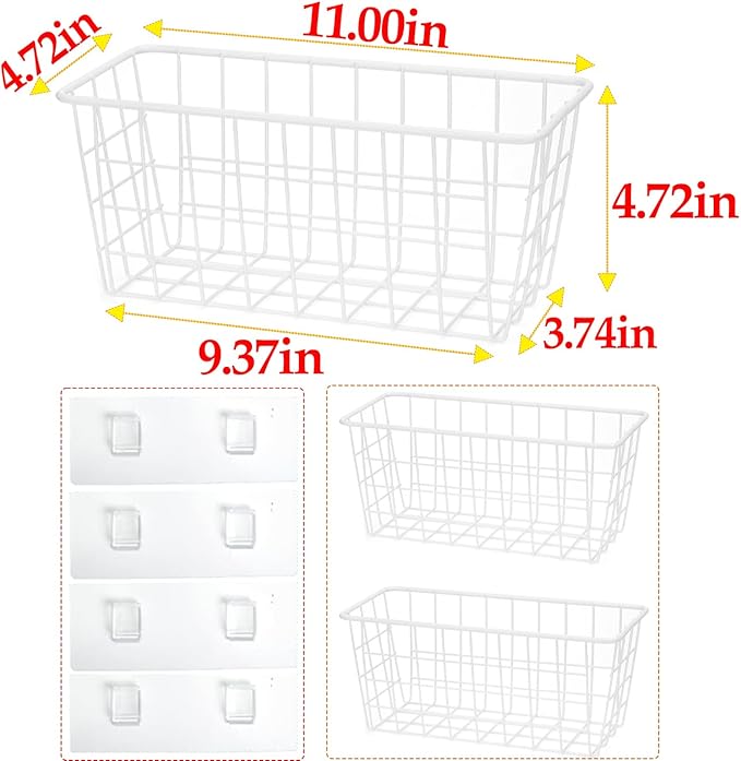 2 Set LeleCAT Hanging Wall Basket Organizer Over the Cabinet Door Adhesive Wire Baskets for Organizing Kitchen Food Pantry Bathroom Shelf Storage No Drilling Wall Mounted,White - Image 2