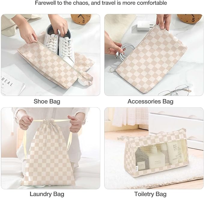 8 Set Packing Cubes for Suitcases,Packing Cube with Shoe, Cosmetics, Clothing, and Accessories Bags Packing Cubes for Travel Luggage Organizer Women Men(Khaki Grid-A) - Image 5
