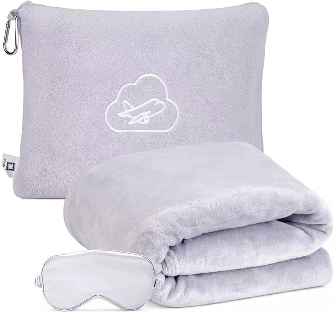 Travel Blanket Pillow,Airplane Blanket Compact with Bag Eye Mask, Ultra-Soft,Warm & Lightweight Included,Travel Essentials for Women & Men, Luggage Sleeve & Backpack Clip 65x40 in, Grey by ENZOLVE