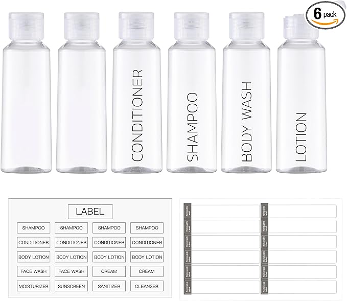 LISAPACK 3.4 oz Travel Containers for Toiletries, 6pcs Shampoo Bottles Kit | 100ml hard plastic labeled clear dispenser for conditioner, lotion, empty lettering carry on sets, flip cap, leak proof, TSA by Lisapack
